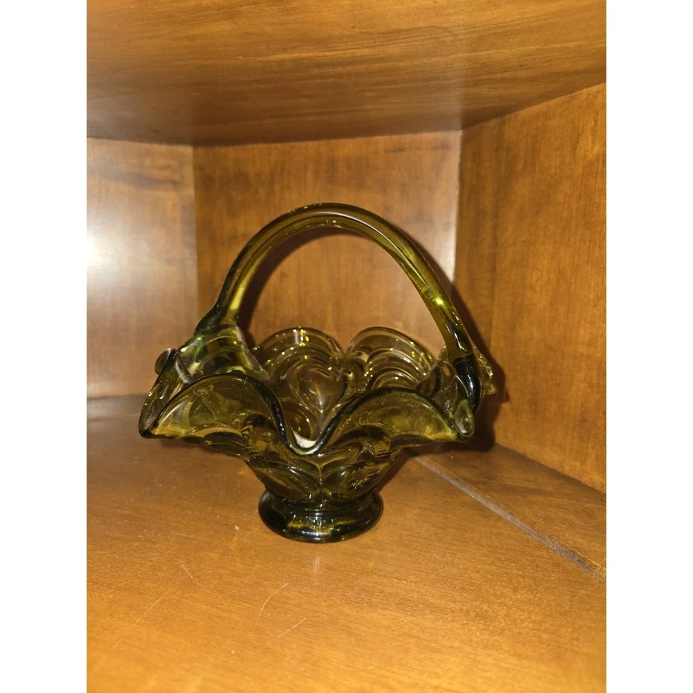 Vintage Olive Green Glass Basket Handle Glass Ruffle Rim Vintage